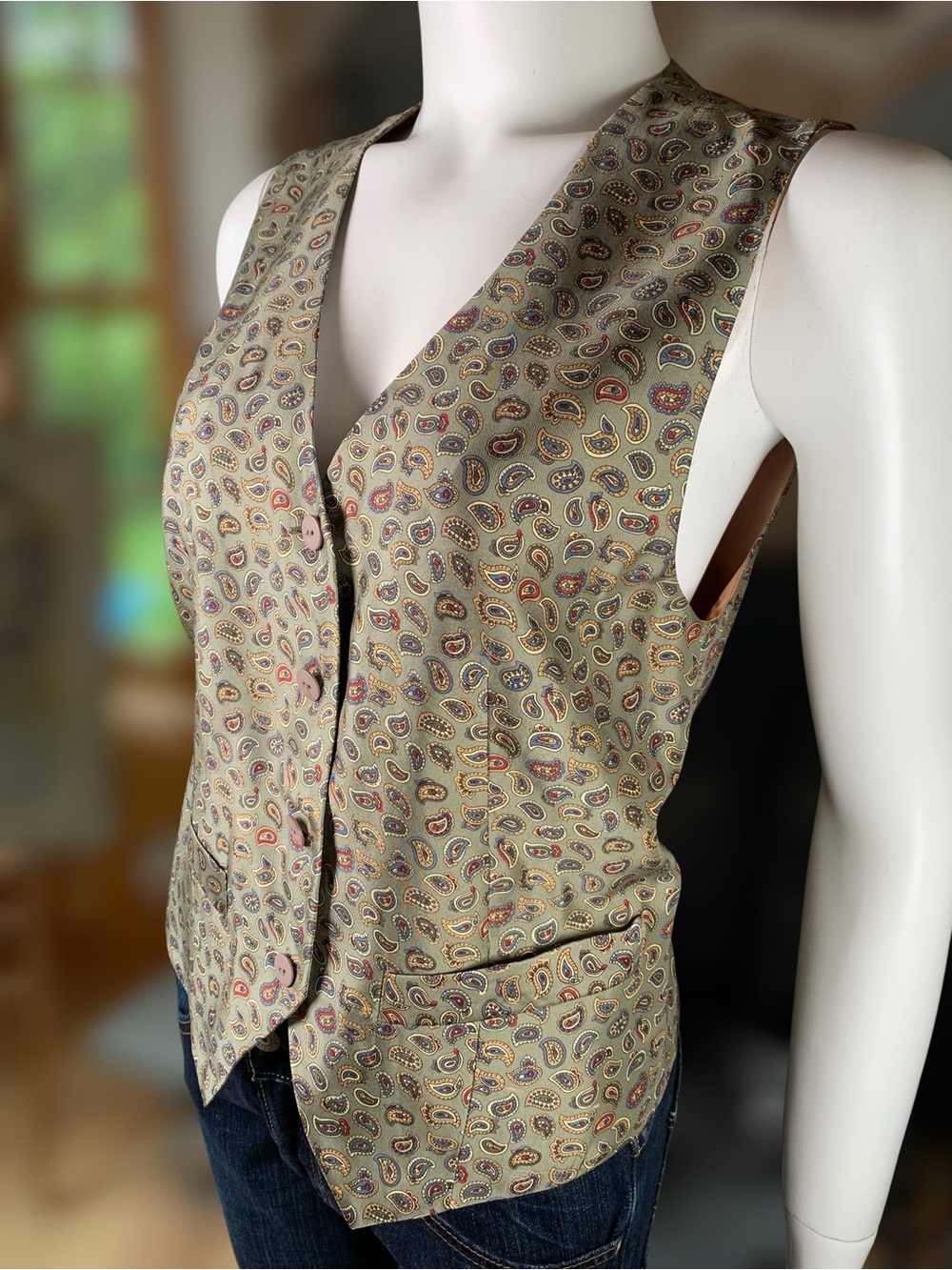 Talbots Pure Silk Twill Paisley Olive Green Back Tie Tailored Vest Size 6